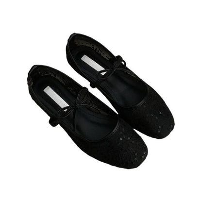 Women's flat heel Mary Jane evening shoes with lace mesh detailing and 3-5cm mid heel