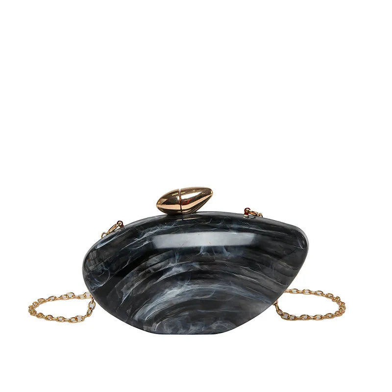 Oval shell goose egg acrylic evening bag with chain shoulder strap, hard outer and mobile phone bag section