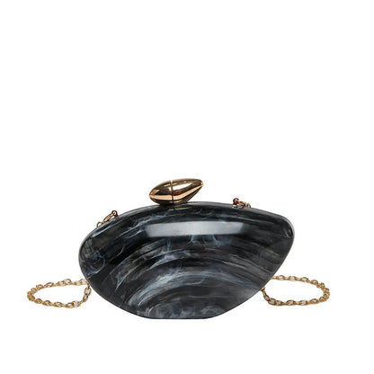 Oval shell goose egg acrylic evening bag with chain shoulder strap, hard outer and mobile phone bag section