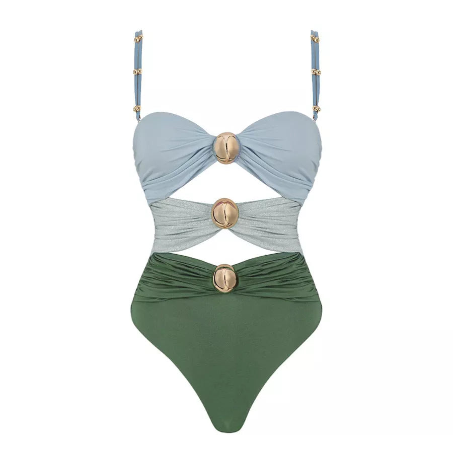 Women's one-piece swimsuit with round buckle decoration and hollow out stitching in various colors