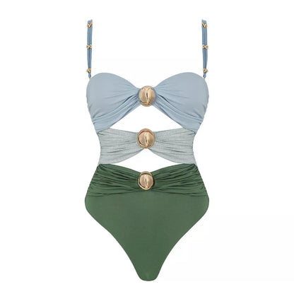 Women's one-piece swimsuit with round buckle decoration and hollow out stitching in various colors