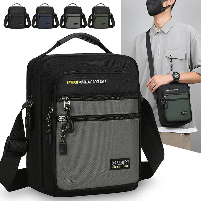Men's crossbody bag for outdoor leisure and commuting, made from waterproof nylon with urban simplicity style, available in green, black, dark blue, and grey solid colours with sewing thread detail and polyester lining.