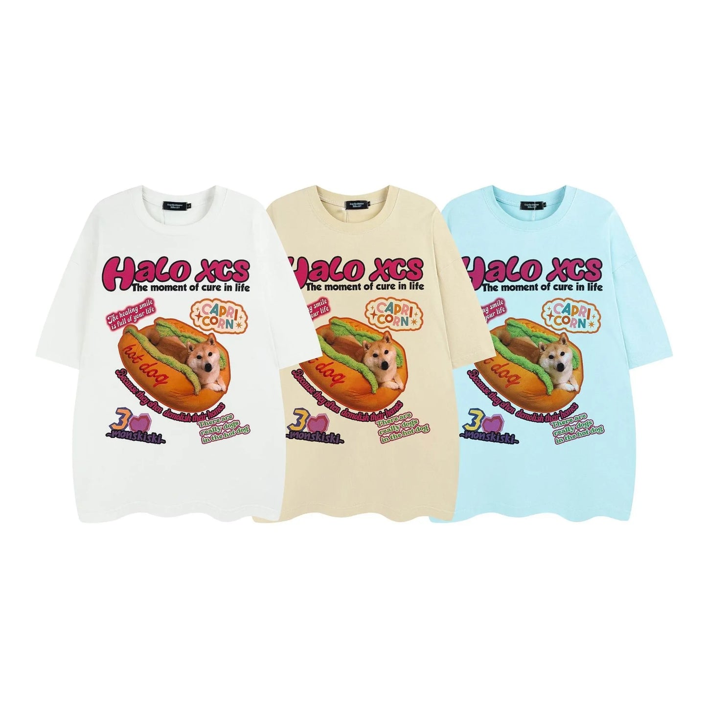 Cartoon hamburger dog printed cotton T-shirt in loose fit with short sleeves