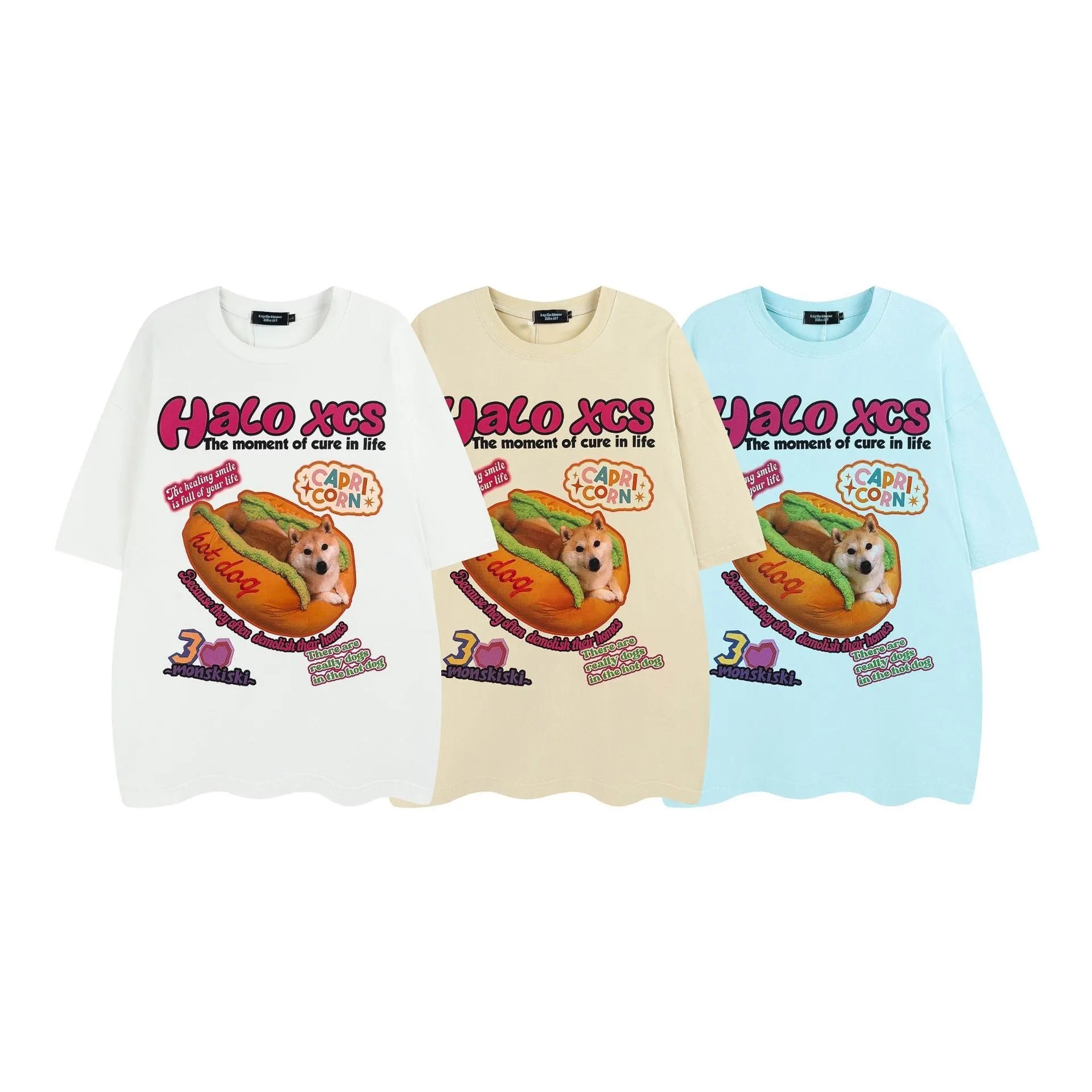 Cartoon hamburger dog printed cotton T-shirt in loose fit with short sleeves