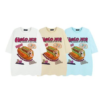 Cartoon hamburger dog printed cotton T-shirt in loose fit with short sleeves