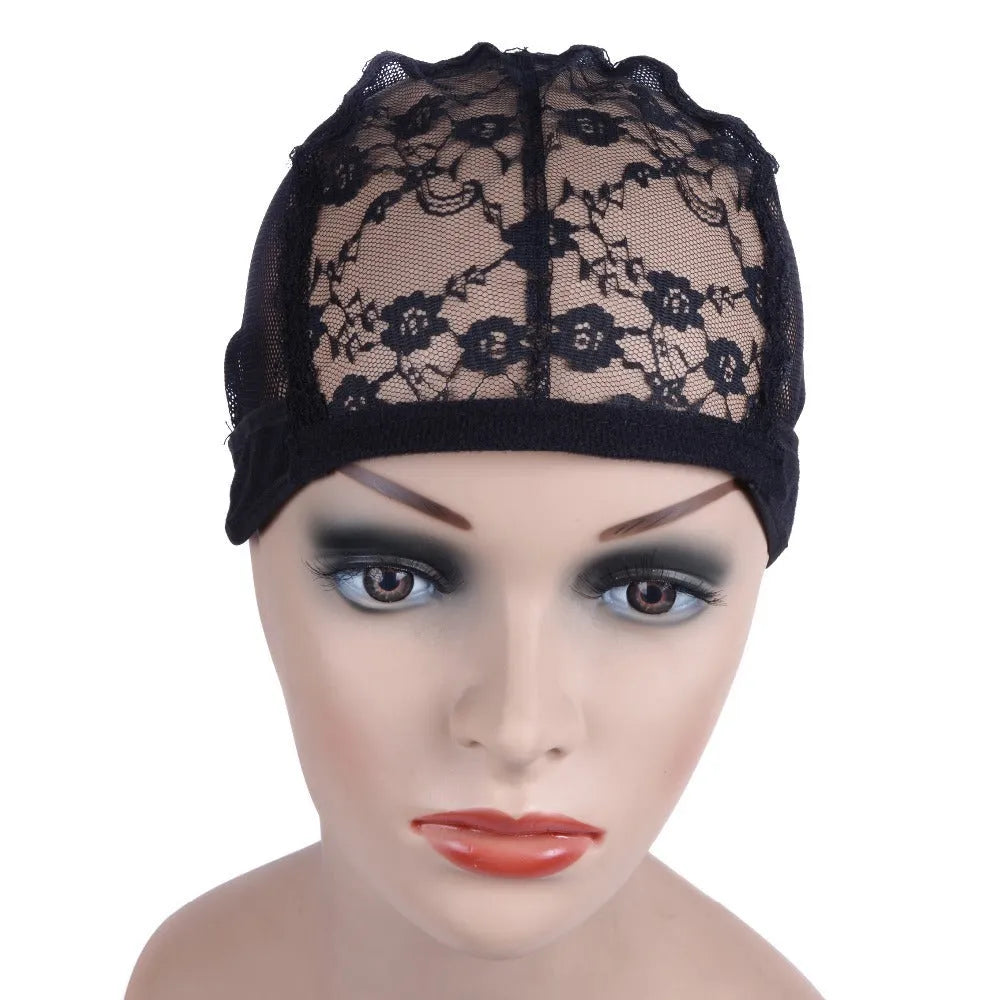 Black nylon mesh wig cap with flat top crown, high elastic breathable hairnet, size M 56-58cm