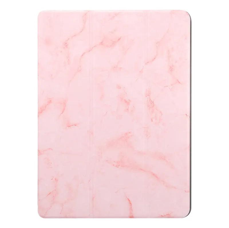 Tri-fold iPad case with marbling design showing pen slot and available in five colours including dark gray and purple