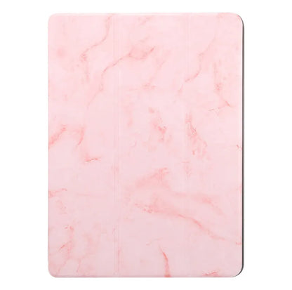 Tri-fold iPad case with marbling design showing pen slot and available in five colours including dark gray and purple