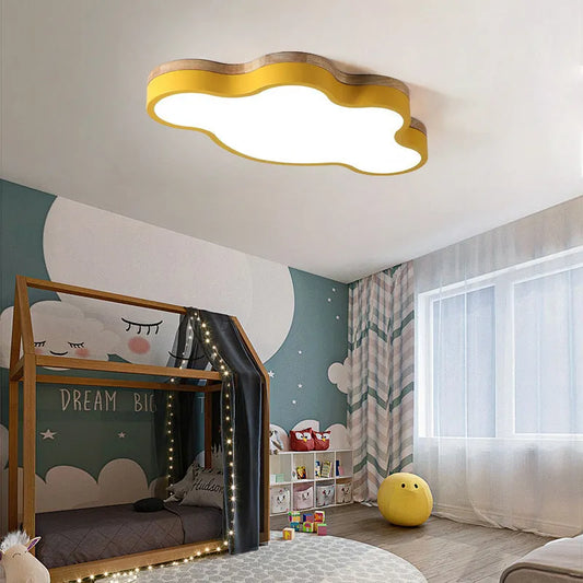 Cloud-shaped LED ceiling lamp with wooden frame in pink, blue, green, or yellow, showing dimming control for UK homes