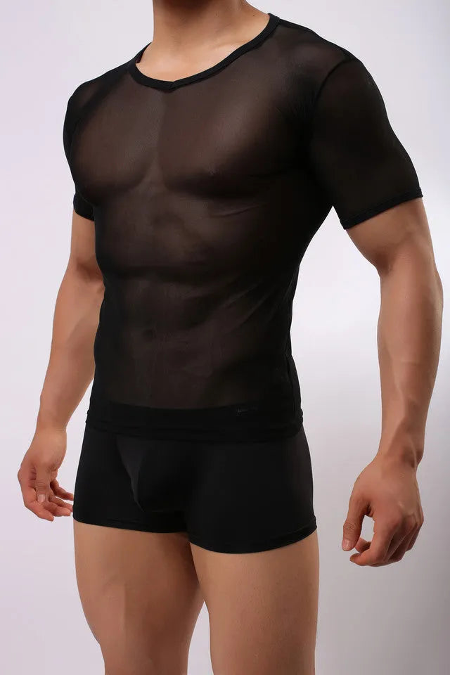 Men's slim fit solid colour mesh t-shirt in black, shown front-on.