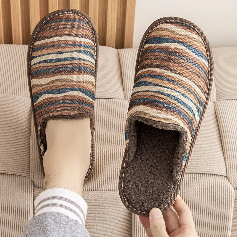Pair of floral cotton slippers with linen-texture upper and light PVC sole for home wear.