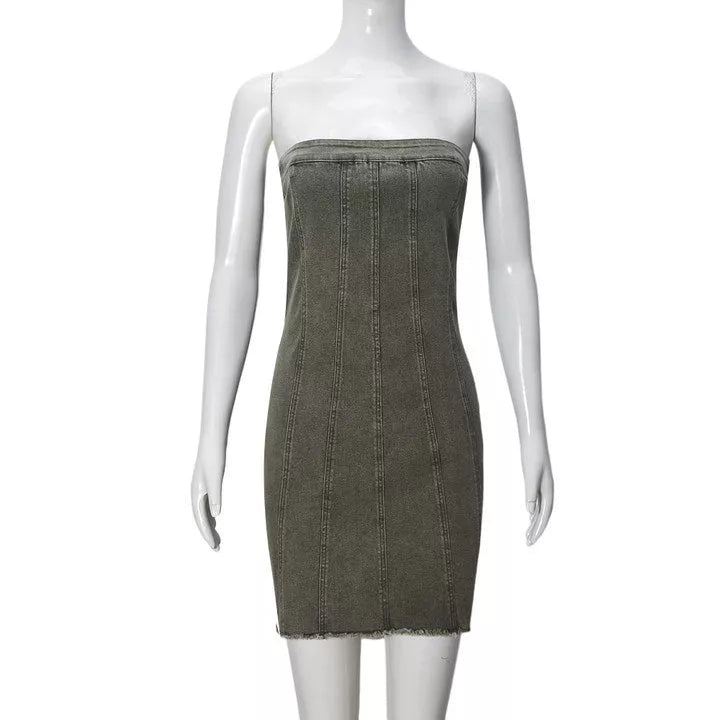 Backless tube denim dress in light blue, pink, and green for summer wear