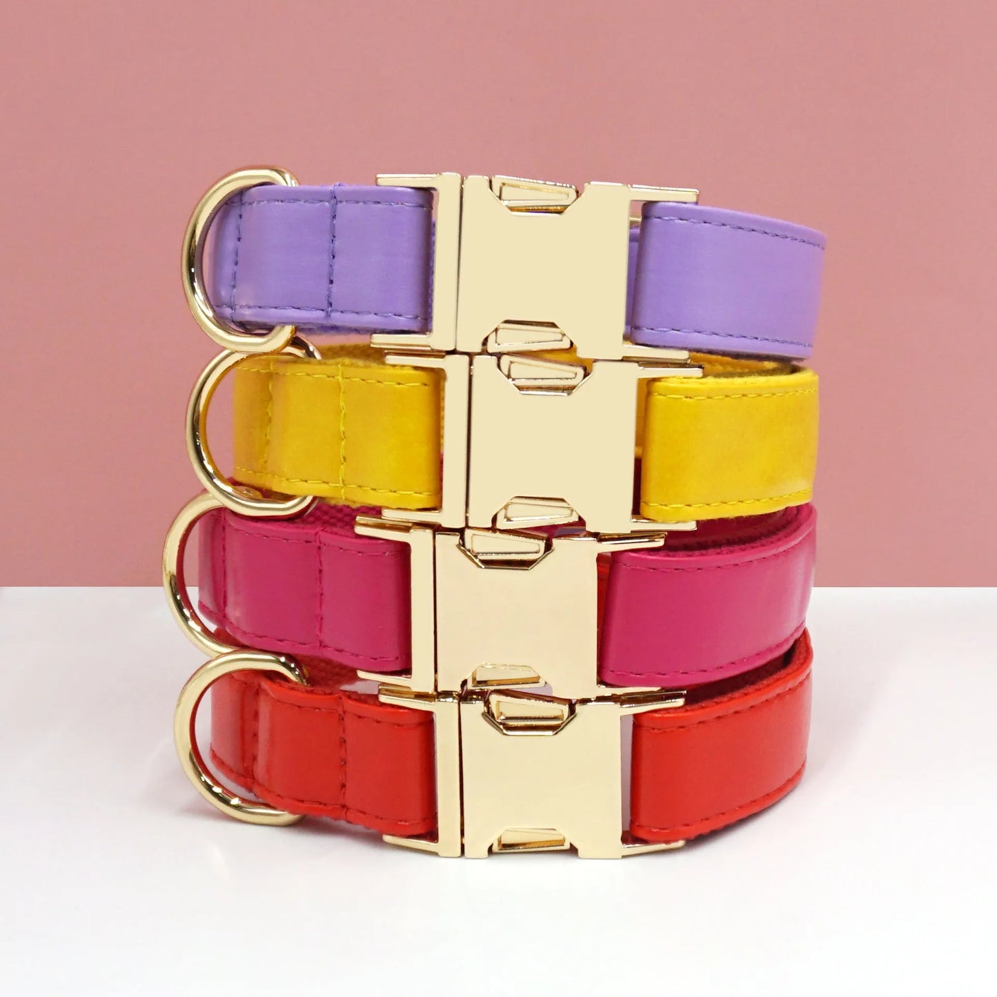 Velvet leather dog collar with colour block design showing buckle fastening in available colour options