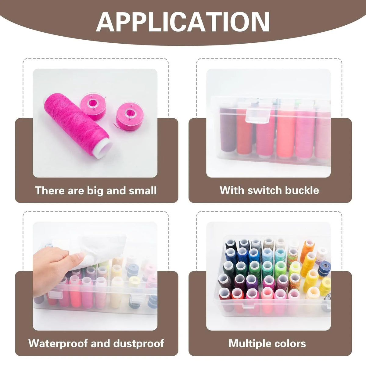 Transparent plastic sewing storage box with 42 labelled compartments for needles and threads