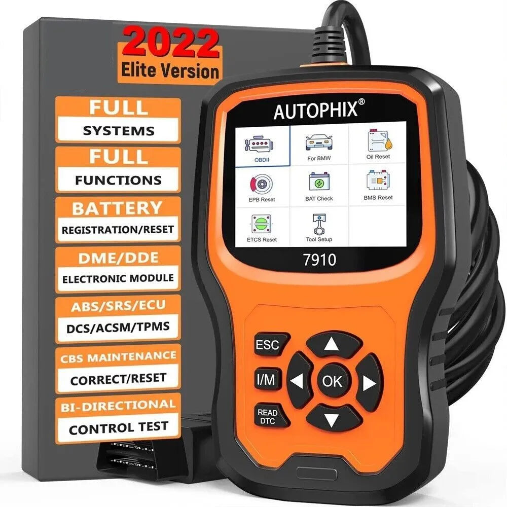 Autophix 7910 BMW full system diagnostic tool with OBD2 connector and display screen