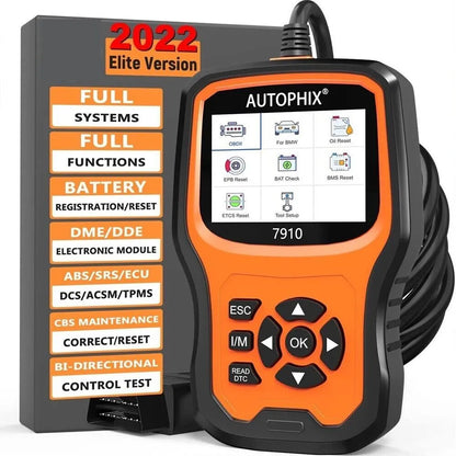 Autophix 7910 BMW full system diagnostic tool with OBD2 connector and display screen