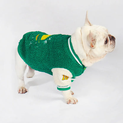 Green cotton dog winter coat with fleece lining, shown in a large size.