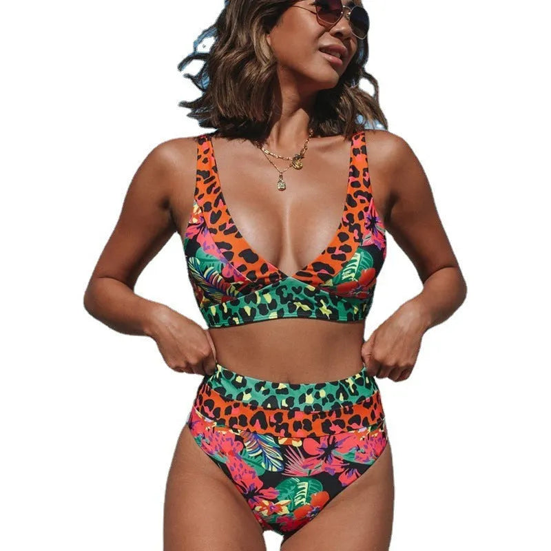 Women's floral print high-waist bikini set for swimming activities