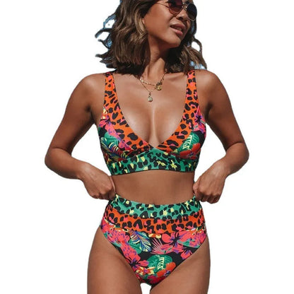 Women's floral print high-waist bikini set for swimming activities