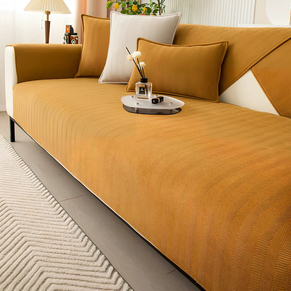 Chenille sofa cushion cover in army green with matching pillowcase on grey sofa