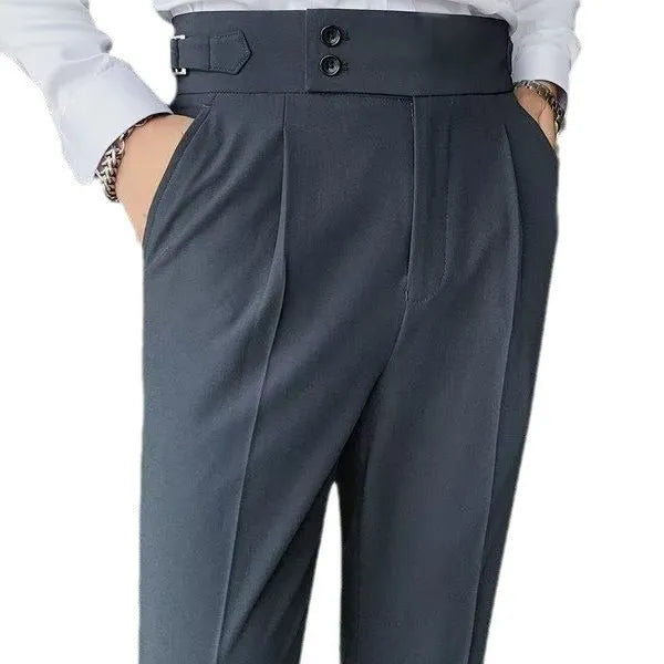 Retro high waist straight-leg casual trousers in a neutral colour, shown on a model.