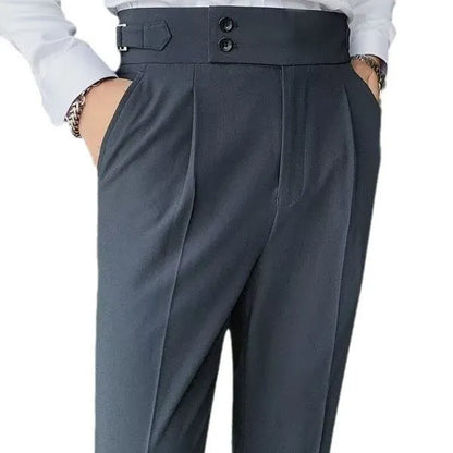 Retro high waist straight-leg casual trousers in a neutral colour, shown on a model.