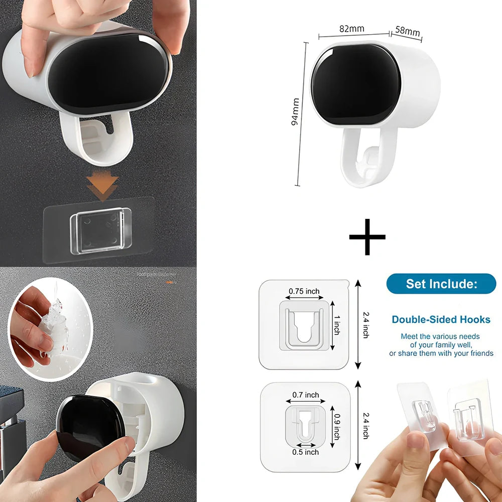 Black wall mounted automatic toothpaste dispenser with squeeze mechanism and dustproof toothbrush storage
