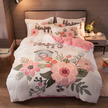 Four-piece velvet bedding set with quilt cover, bed sheet, and pillowcases for 1.8m bed in Bunny colour