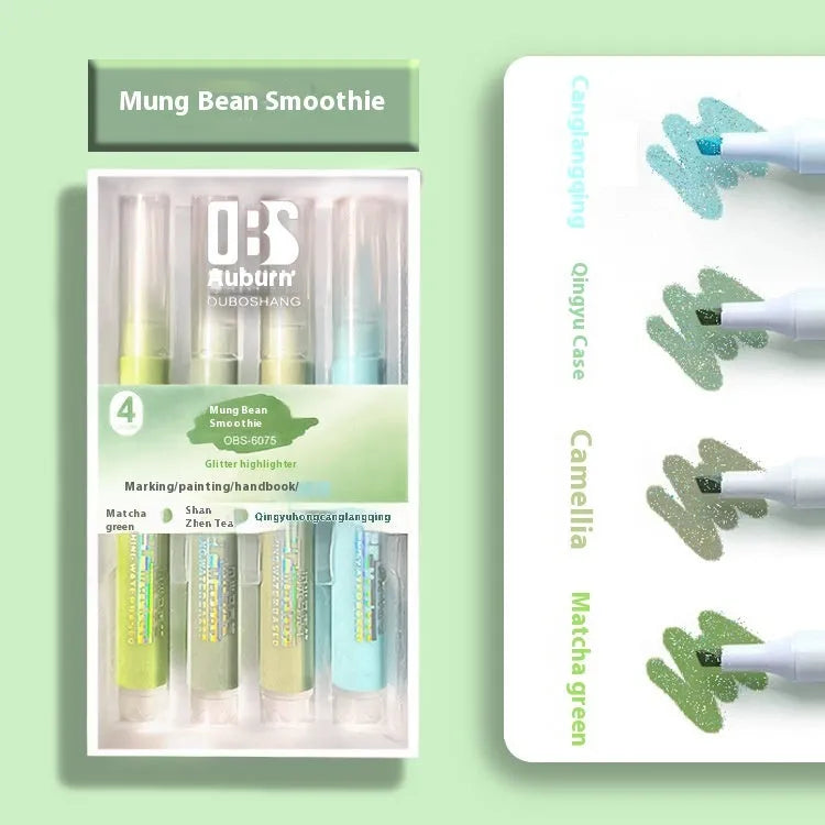 Sparkling Star River Highlighter set with 4mm slanted tip and glitter ink in six shades including taro puff and mung bean smoothie.