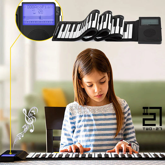 Portable 88-key digital piano with flexible, roll-up design for easy transportation and storage