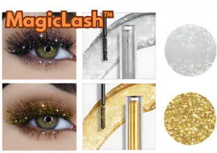 Violet Glitter Lash Mascara in gold, silver, and purple with quick-drying, waterproof formula