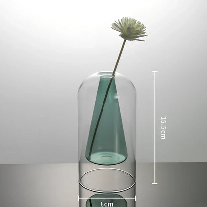 High borosilicate glass vase with double-layer construction measuring 15cm tall and 8cm wide