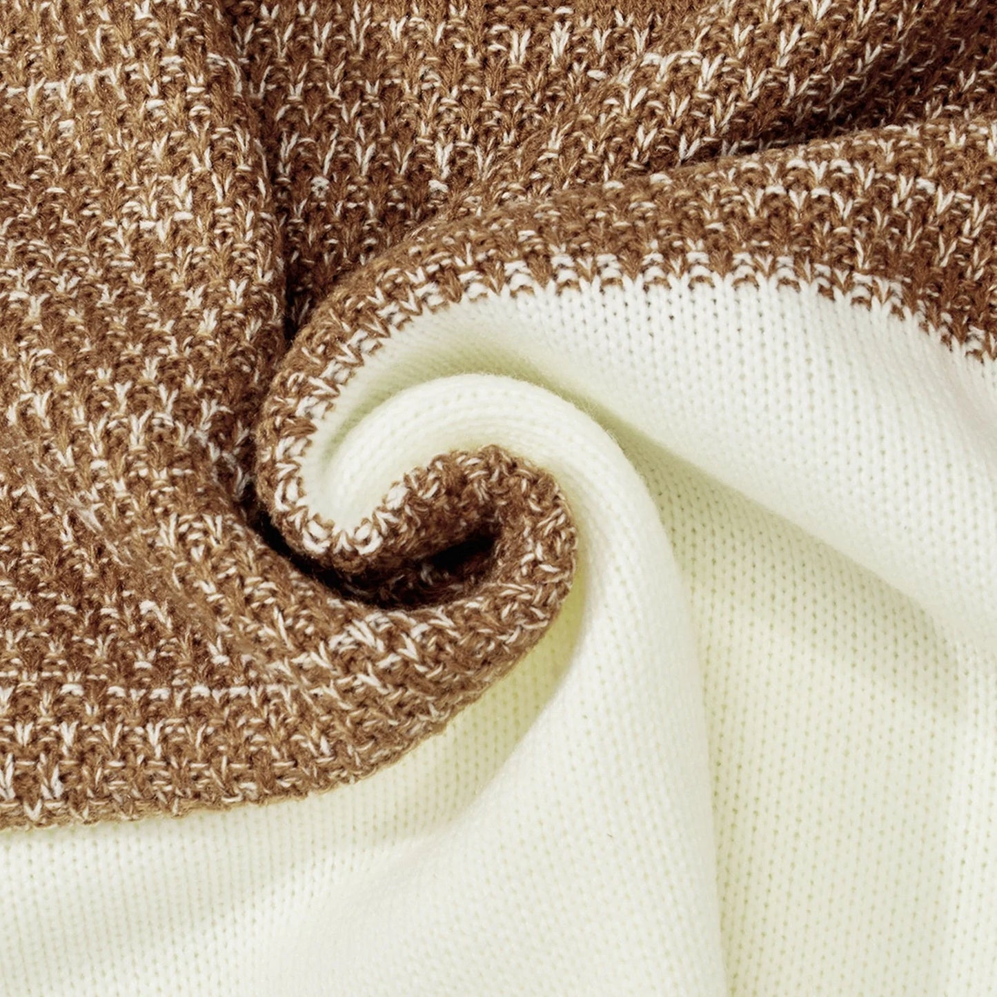 Men's color block cable knit acrylic sweater in black, blue, and brown