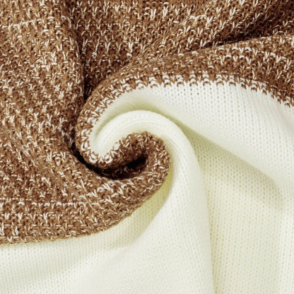 Men's color block cable knit acrylic sweater in black, blue, and brown