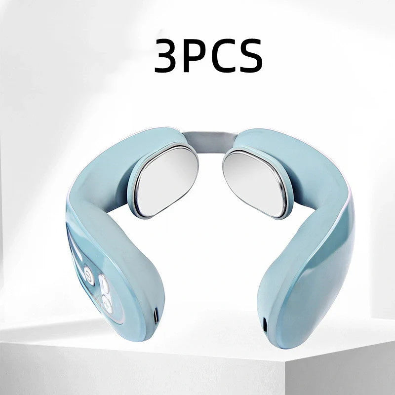 EMS Neck Massager with Heat in blue, showing ergonomic design and USB charging