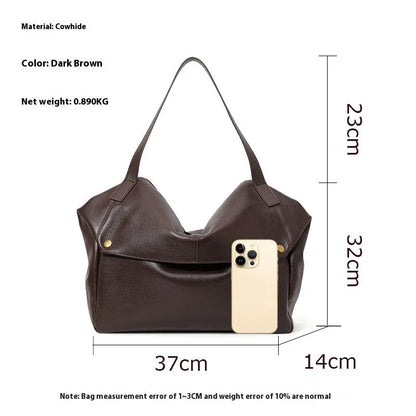 Brown genuine leather women's commuter shoulder bag with horizontal square shape