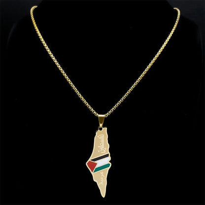 Stainless steel pendant necklaces featuring detailed maps of Israel and Palestine in vibrant colors
