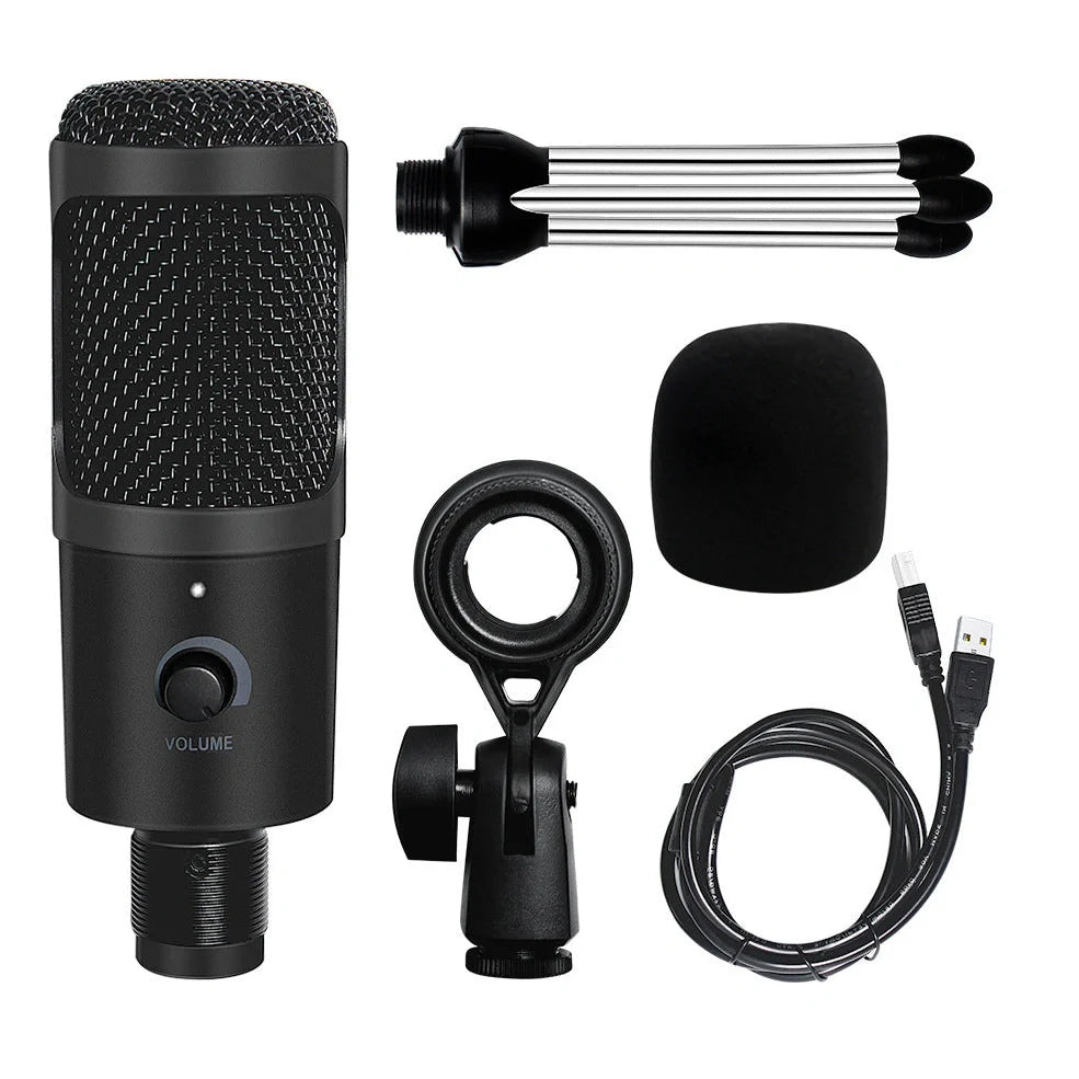 Black wired streaming microphone with 15cm length for desktop and mobile use