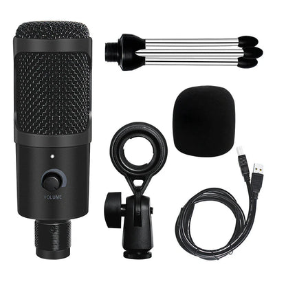 Black wired streaming microphone with 15cm length for desktop and mobile use