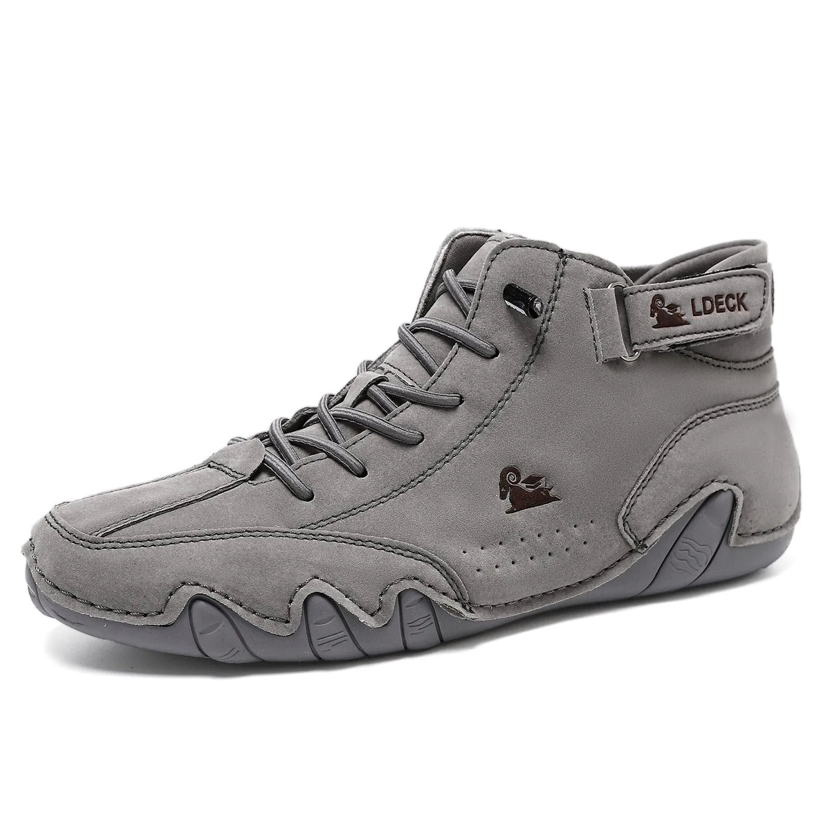 High top men's shoes in khaki with rubber soles and microfiber upper, showing round toe and middle tube height