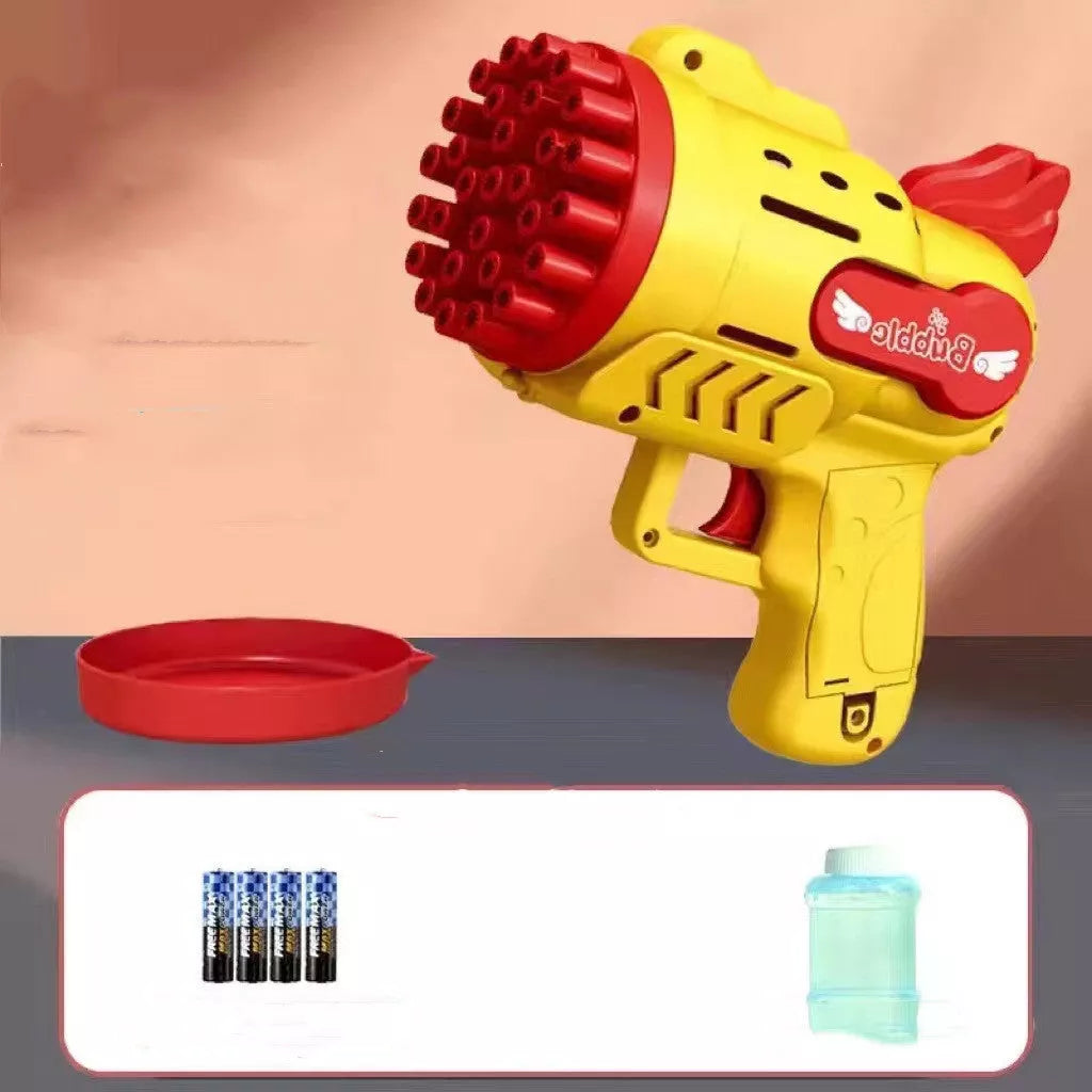 Luminous Bubble Gun Gatling Electric Toy for Kids in green, yellow, and blue