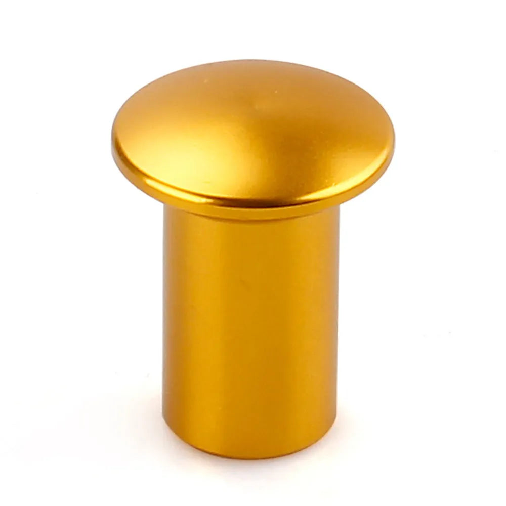 Aluminium alloy hydraulic hand brake release button cap in gold, silver, black, blue, and red colours.