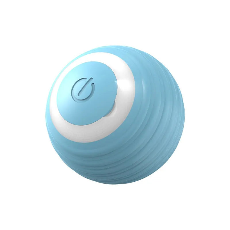 Blue automatic cat toy ball bouncing on floor with silicone construction and rechargeable design