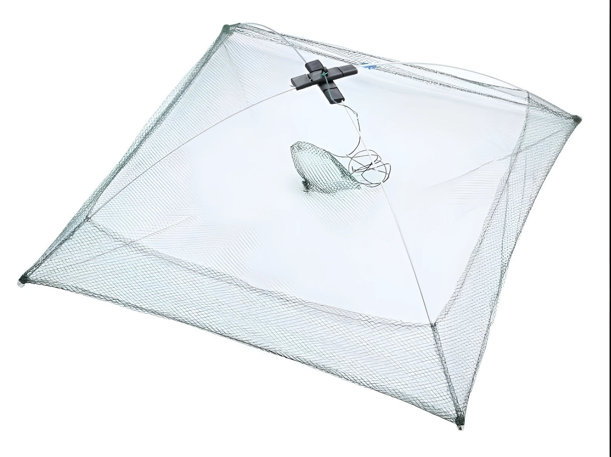 Green nylon pull-out fishing net, 60 x 60cm, compact fishing tackle for bait collection and pond fishing.