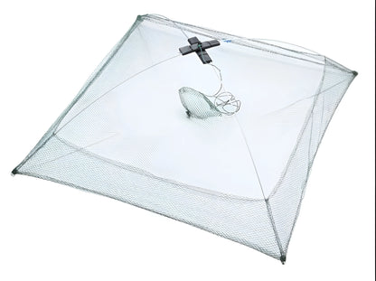 Green nylon pull-out fishing net, 60 x 60cm, compact fishing tackle for bait collection and pond fishing.