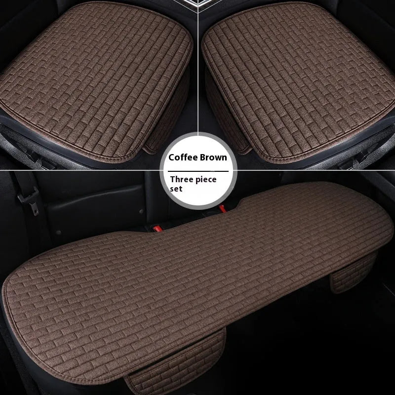 Linen car seat cushion three-piece protective pad with ventilation and sponge filler in black, black and red, grey, brown, or beige