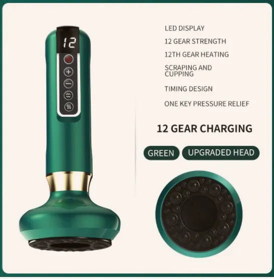 Green electric vacuum cupping massager device with USB charging cable