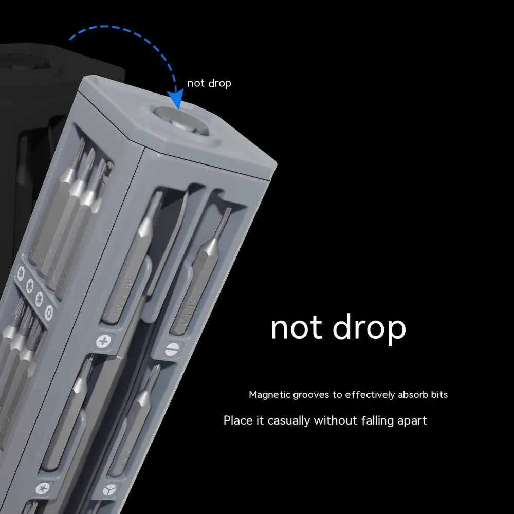 44-piece screwdriver set with S2 alloy steel bits in 37mm x 37mm x 150mm storage case