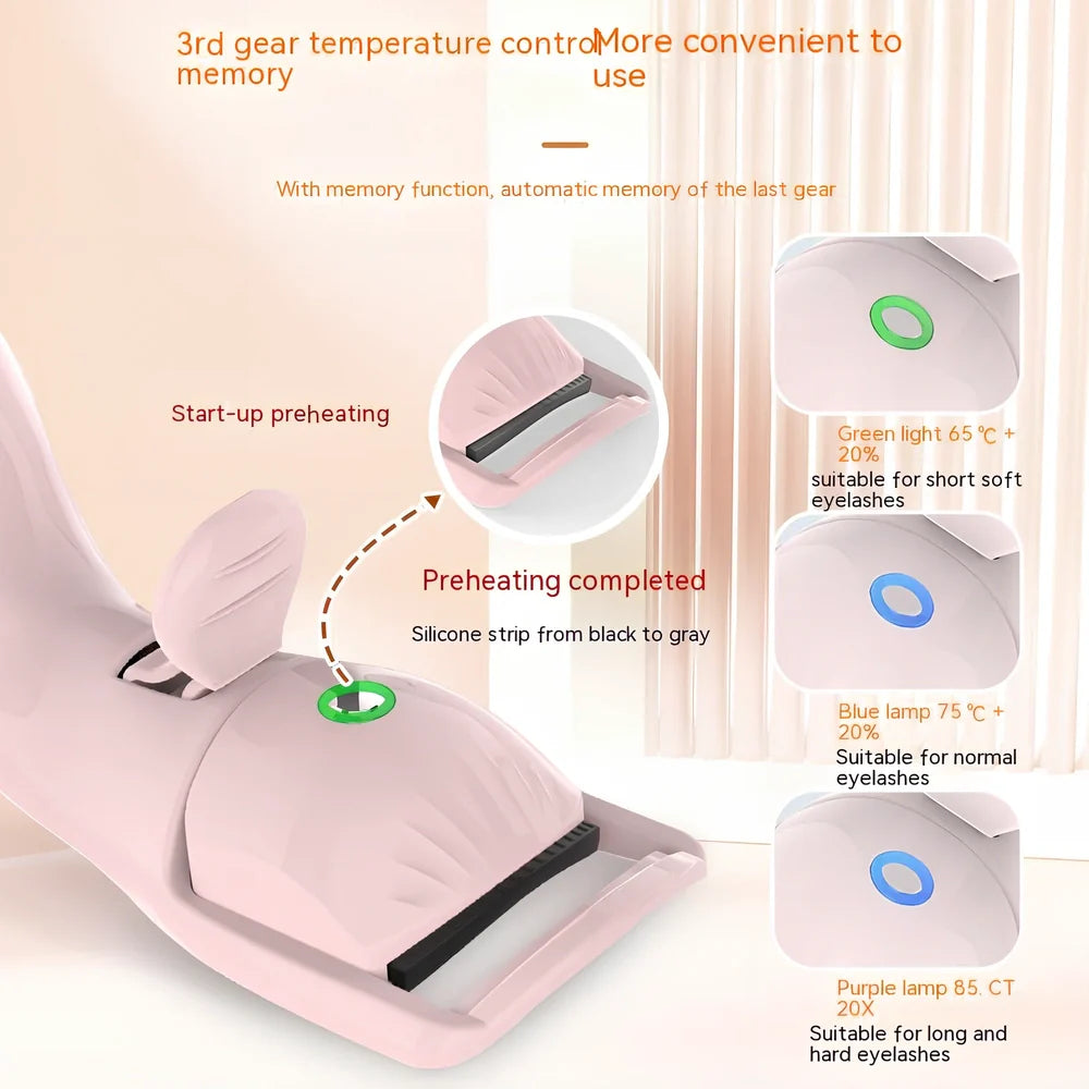 Pink and white electric eyelash curler with USB charging cable and temperature control buttons
