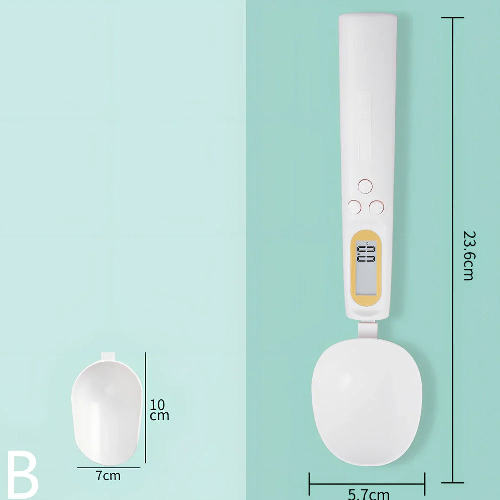 Digital kitchen spoon scale showing measurement display and USB charging port